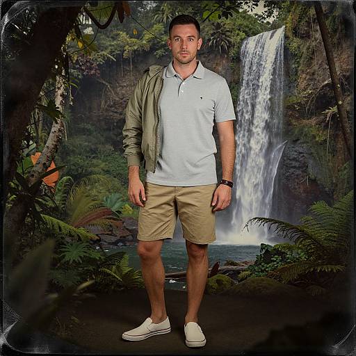 Photograph of a muscular man with short dark hair, in a white polo, khaki shorts, green jacket, and white sneakers, standing before a