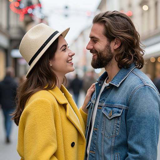 Smiling Couple in Festive Urban Setting