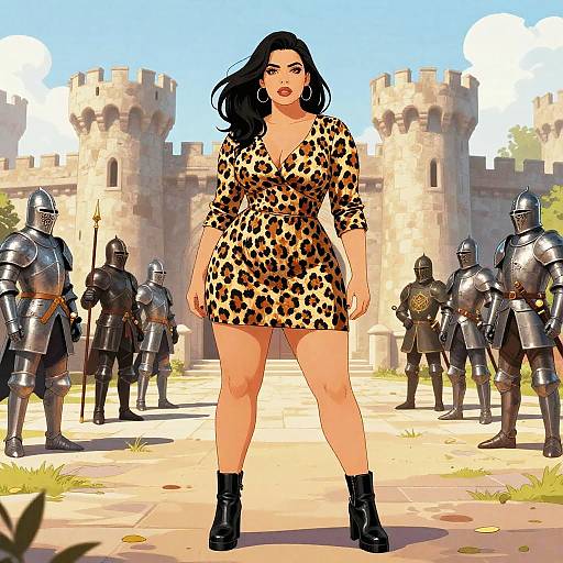 Digital comic-style image: Curvy woman with long black hair, wearing a leopard print dress and black boots, stands confidently in front of medieval castle,
