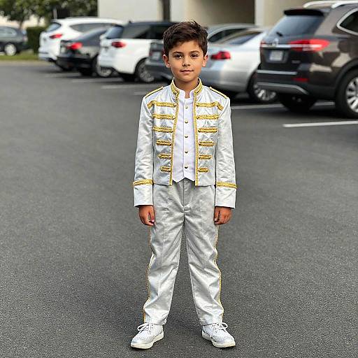 Young boy with short dark hair in white and gold satin suit, white shoes, standing in a parking lot with several cars. Photograph.
