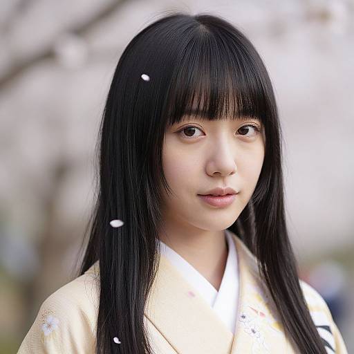 Photorealistic digital portrait of an East Asian woman with long black hair, bangs, pale skin, wearing a white and beige kimono, standing