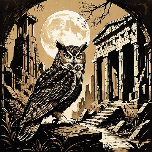 Owl with Ancient Ruins and Full Moon