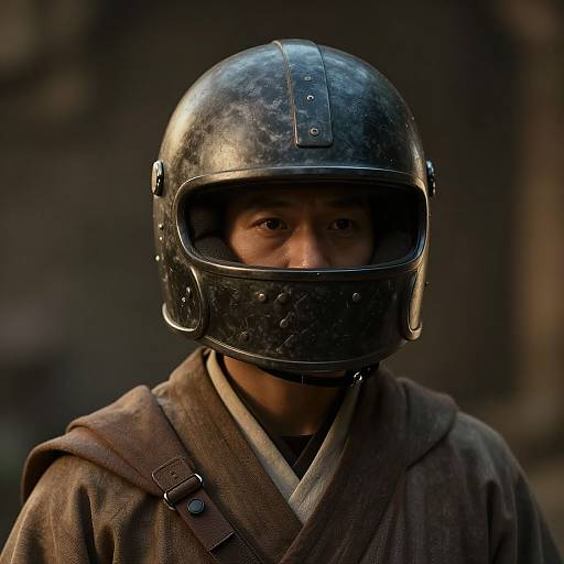 Cinematic Helmeted Figure in Robe