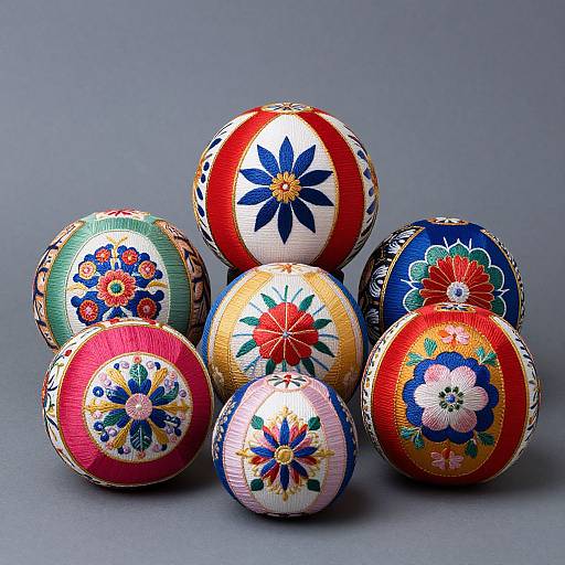 Photograph of seven colorful, intricately painted Easter eggs in a pyramid formation, featuring floral designs in red, blue, green, and yellow, against