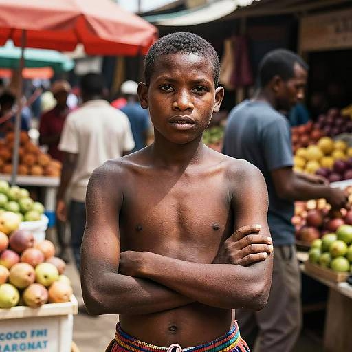 Photograph of a young, shirtless African boy with dark skin, short hair, and muscular build, standing with arms crossed in a colorful, bustling