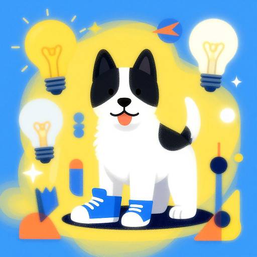 Cartoon black-and-white dog with blue sneakers, surrounded by glowing light bulbs and colorful shapes on a blue background.