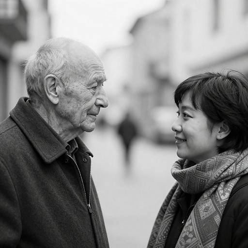 Black and white portrait of elderly man and younger woman