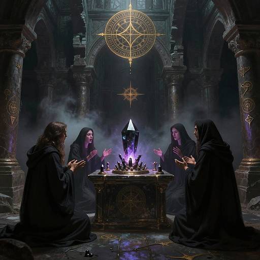 Photograph of four robed figures with pale skin, kneeling around a glowing purple altar in a dark, mystical stone chamber, surrounded by fog and golden