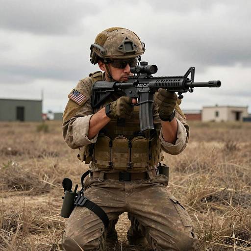 Kneeling Soldier in Tactical Combat Gear