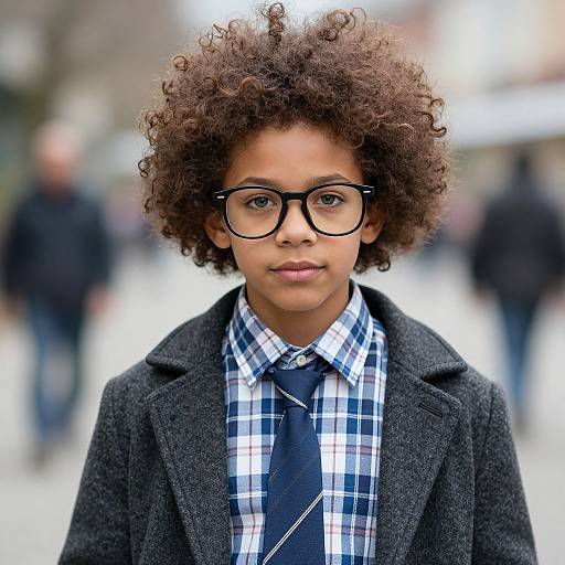 Photograph of a young Black boy with curly hair, wearing black-rimmed glasses, a plaid shirt, tie, and dark wool coat,