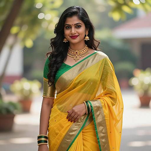 Young Indian Woman in Yellow Saree Outdoors