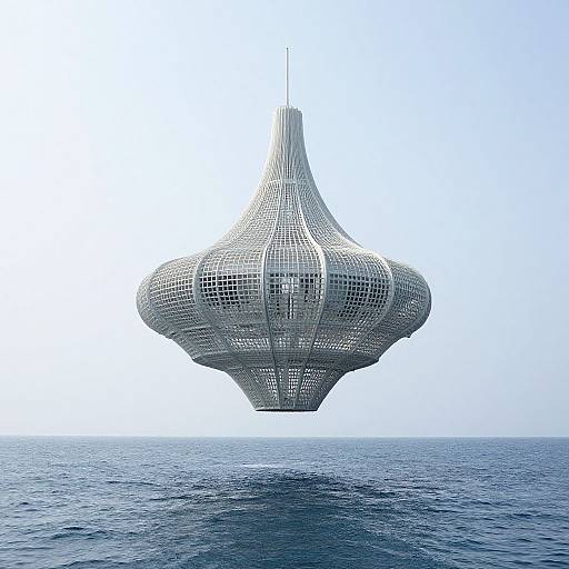 Photograph of a futuristic, white, lattice-shaped floating structure with a teardrop design, hovering above a calm, blue ocean under a clear,