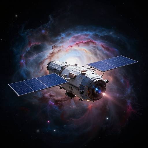 Photorealistic CGI of a solar-powered spacecraft with blue solar panels orbiting a vibrant, glowing nebula in the depths of space.