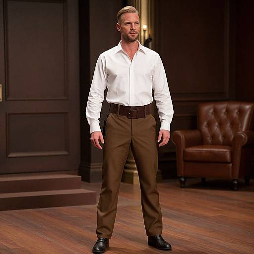 Photograph of a tall, handsome, bearded man with short blonde hair, wearing a white dress shirt, brown pants, black belt, and black