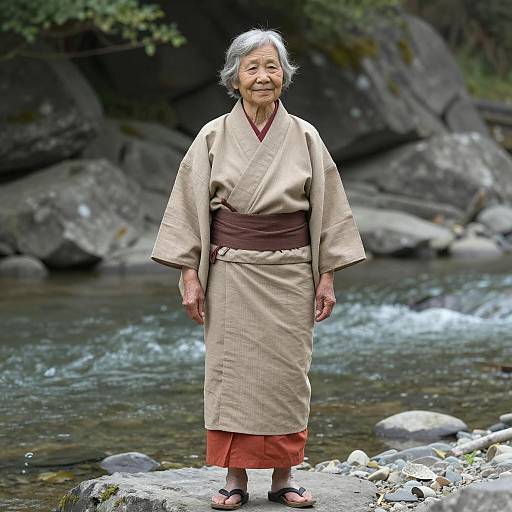 Elderly Asian Woman in Traditional Kimono by River