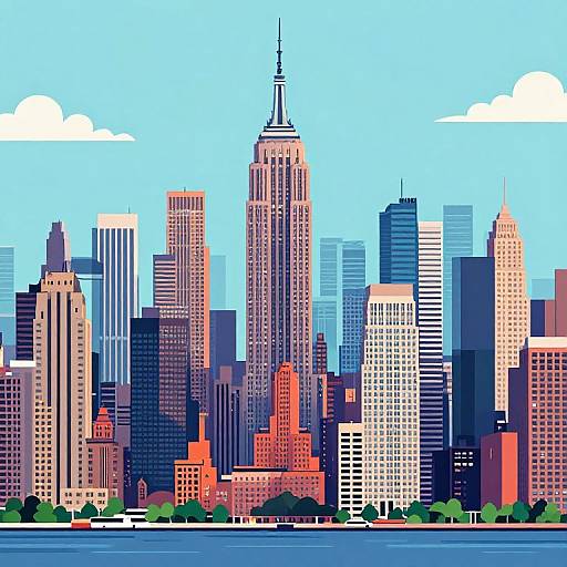 Digital illustration of a vibrant, blue-sky cityscape with a prominent, tall skyscraper center, surrounded by colorful, diverse buildings, and a river