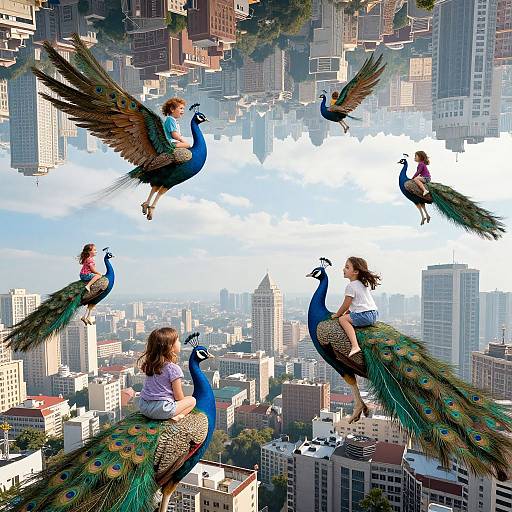 Digital artwork of four children riding peacocks, soaring above a cityscape with towering buildings. Peacocks' vibrant blue and green feathers contrast with