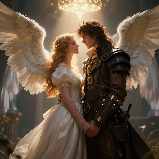 Digital art of angelic couple with white wings, illuminated by sunlight, in a medieval church. The woman wears a flowing white dress, the man a