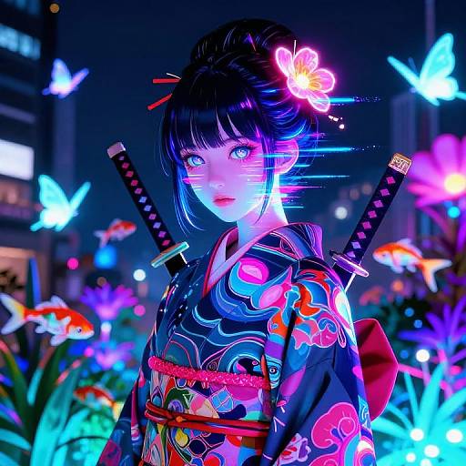Epic Cyber Geisha Neon Portrait