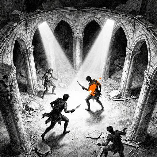 Digital comic-style illustration: Four shadowy warriors with weapons clash in a ruined, arch-cellar illuminated by three bright white beams. One warrior in orange