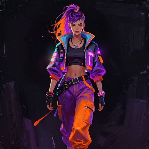 Digital art of a punk-styled woman with purple and orange hair, wearing a neon jacket, black crop top, and baggy pants, walking confidently