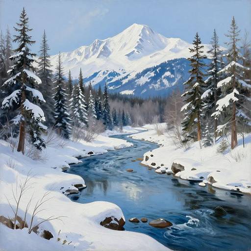 Photograph of a snowy mountain landscape with a clear, flowing river, surrounded by snow-covered pine trees and rocky banks.