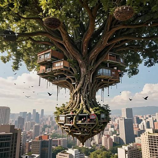 Photorealistic digital art of a giant tree with wooden balconies and hanging nests, surrounded by a bustling cityscape, birds flying nearby.