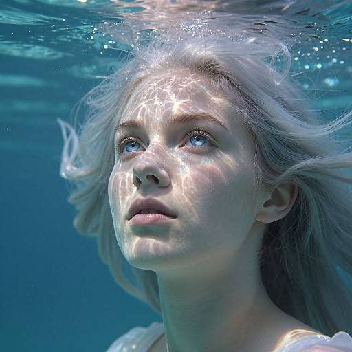 Photorealistic underwater photograph of a young woman with pale skin, light blonde hair, and blue eyes, looking upward through rippling water, illuminated by