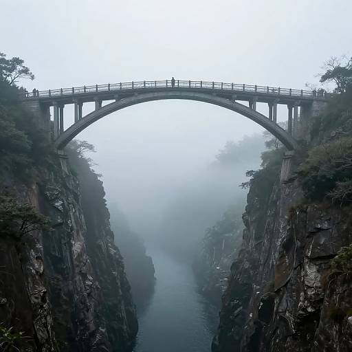 Photograph of a misty, fog-filled canyon with a tall, arched steel bridge spanning the rocky cliffs, surrounded by dense trees.