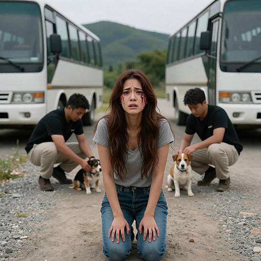 Distressed Woman Amidst Troubling Scene