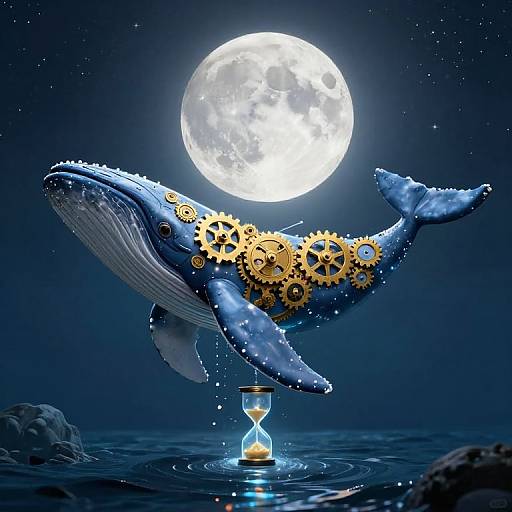 Photograph-style digital art of a blue whale with gold gears on its body, floating above a sandglass on water, under a full moonlit night