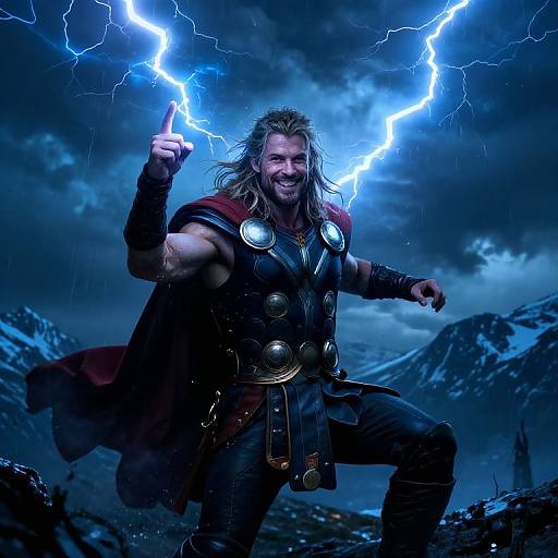 Photorealistic digital art of a muscular, bearded man with long hair, pointing at lightning bolts, wearing medieval armor and a red cape, against