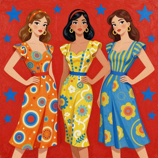 Digital illustration of three stylish women in colorful, 1960s-inspired dresses, each with unique floral patterns, standing against a vibrant red background with blue