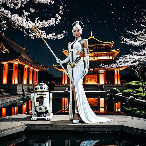 Futuristic Female Android at Night Shaolin Temple