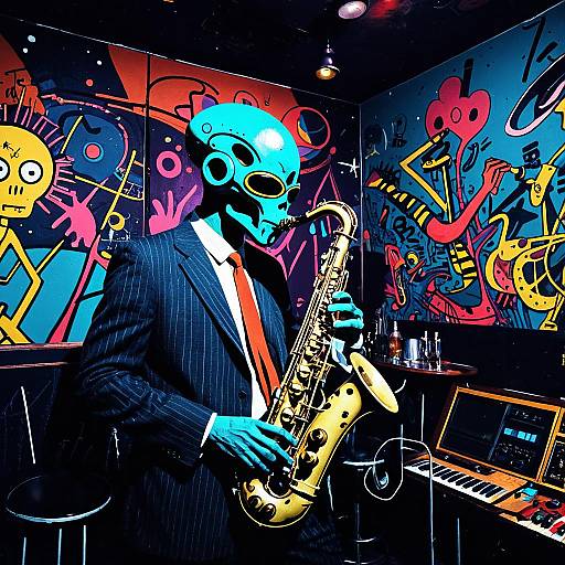 Alien Saxophonist in Vibrant Jazz Club