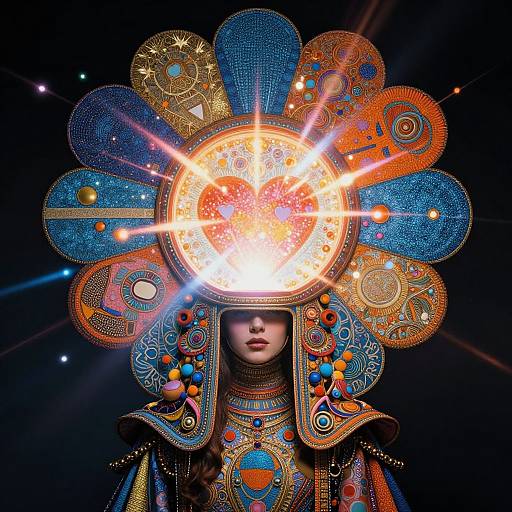 Photograph of a person in an elaborate, colorful, futuristic headdress with glowing circular center, adorned with blue, orange, and gold patterns, against