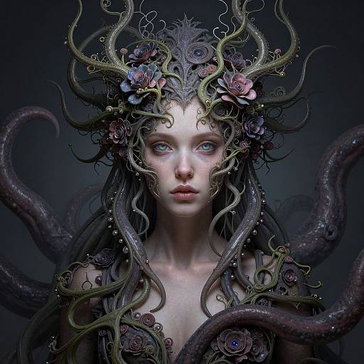 Digital fantasy portrait of a pale, blue-eyed woman with intricate, vine-like hair and tentacles adorned with purple roses, against a dark, moody