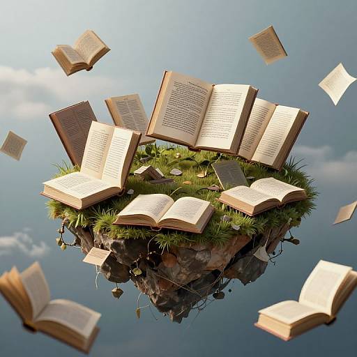 Floating island of green grass and open books with floating pages, set against a reflective blue sky with white clouds.