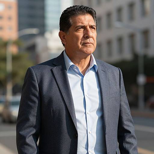 Photograph of a middle-aged man with short, dark hair, wearing a blue blazer and white shirt, standing on a sunlit city street with