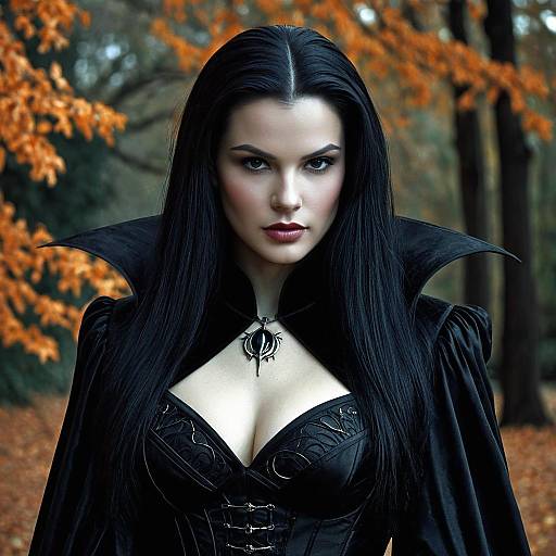 Woman in Gothic Vampire Gown in Autumn Forest