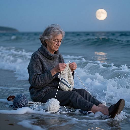 Photograph: Elderly woman with gray hair and glasses, knitting near the ocean at dusk, full moon visible in the sky.