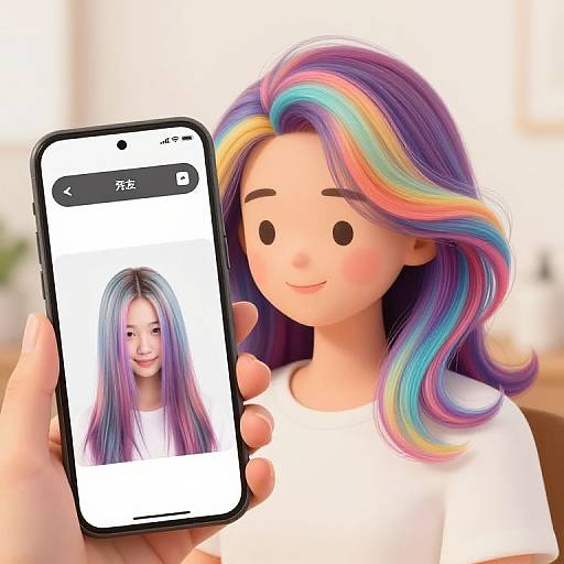 Photograph of a woman with colorful rainbow hair, holding a smartphone displaying her own face, smiling, wearing a white shirt.