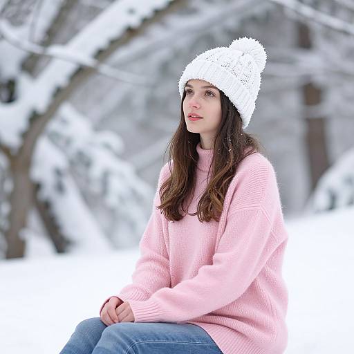 Photograph of a young woman with fair skin, dark brown hair, wearing a white knit hat and pink sweater, sitting in a snowy forest background.