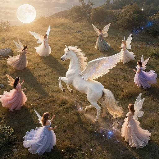 Magical sunset scene: white-winged unicorns prancing among six angelic women in flowing pastel dresses, with sparkling grass and distant trees.