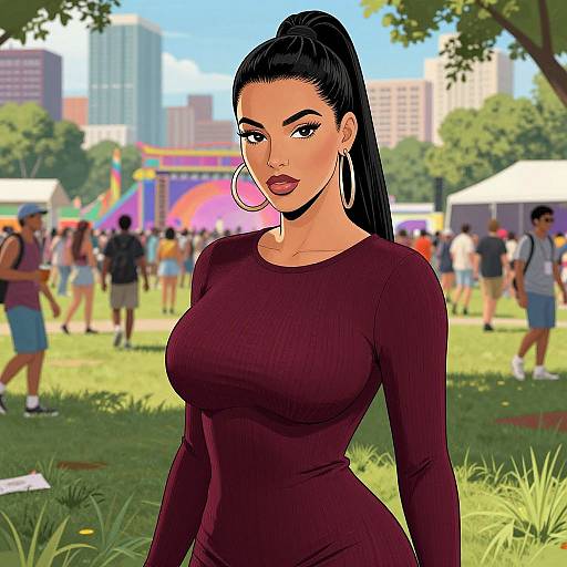 Digital illustration of a curvy woman with dark hair in a high ponytail, wearing a tight maroon dress, large hoop earrings, and red lipstick