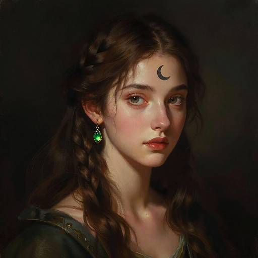 Digital painting of a fair-skinned woman with long brown hair, green earrings, crescent moon mark on forehead, dark background.