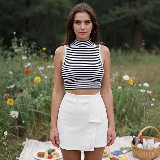 Photograph of a young woman with long brown hair, wearing a black-and-white striped crop top and white skirt, standing in a lush, flower-filled