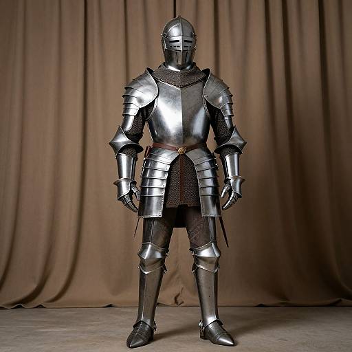 Photograph of a full-body knight in polished silver armor, standing against a brown draped curtain background, with a dark mesh tunic underneath.