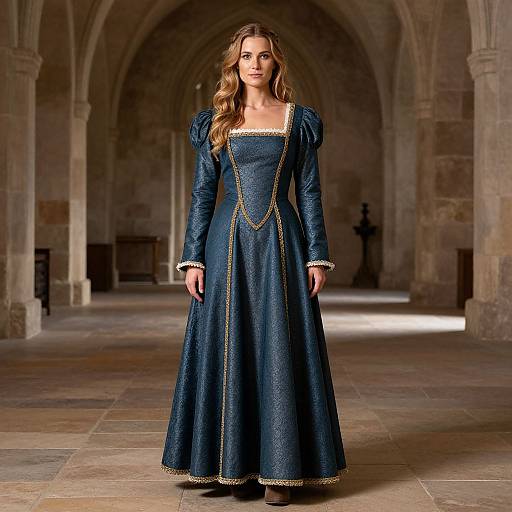 Photograph of a blonde woman in a blue, medieval-style, long-sleeved gown with gold trim, standing in a dimly lit, stone