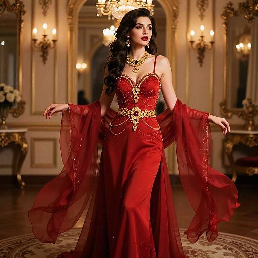 Elegant Red Dress with Gold Accessories